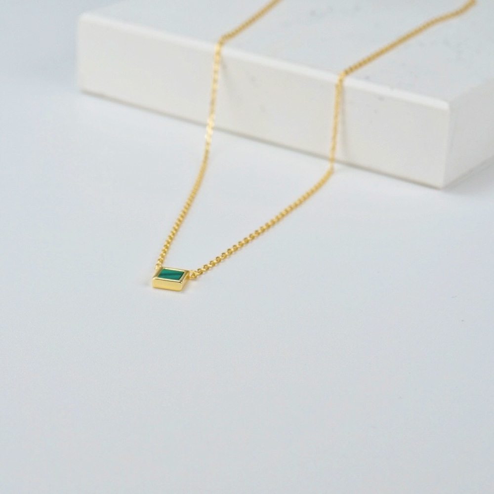 Malachite Square Pendant Necklace 18K Gold S925 - Picture 6 of 9